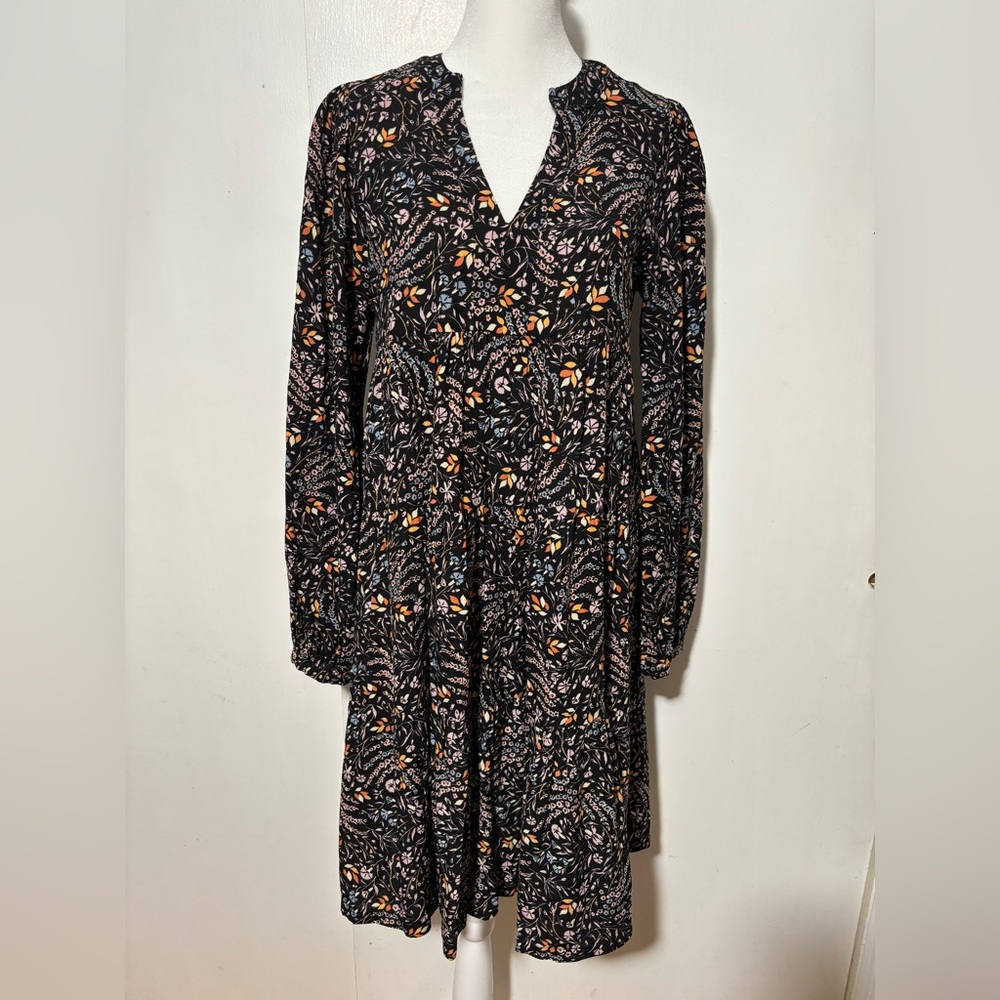 Anthropologie Black Floral Long Sleeve Dress Size XS